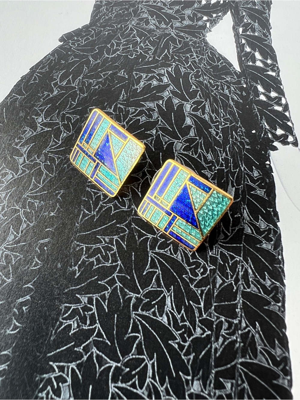 Roccoco Geometric Blue & Teal Enamel Square Earrings